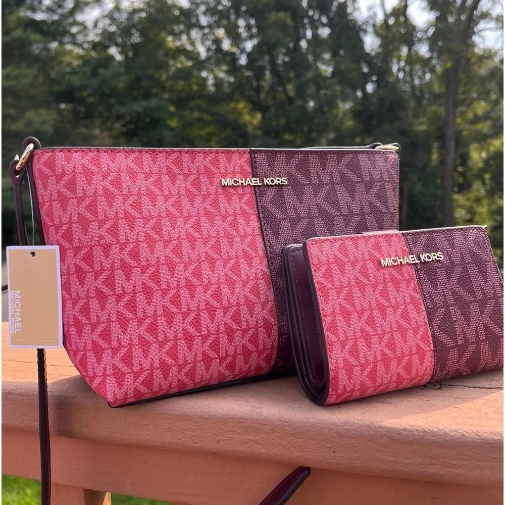Michael Kors Oxblood MK Logo Crossbody Bag & Wallet Set Gold Hardware NWT - Picture 2 of 6
